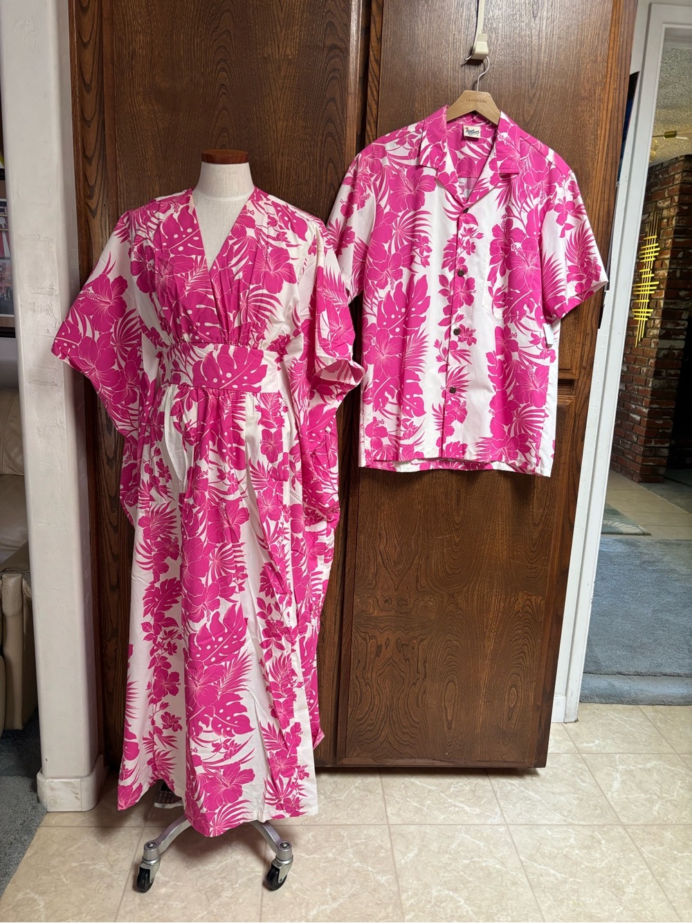 Pink & White Hawaiian Maxi Dress with Mens Matching Shirt. Honeymoon Set.